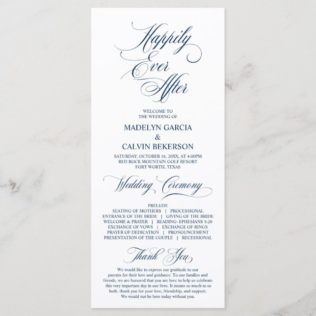 Classic Elegance Navy Blue Script Wedding Ceremony Program (Front)