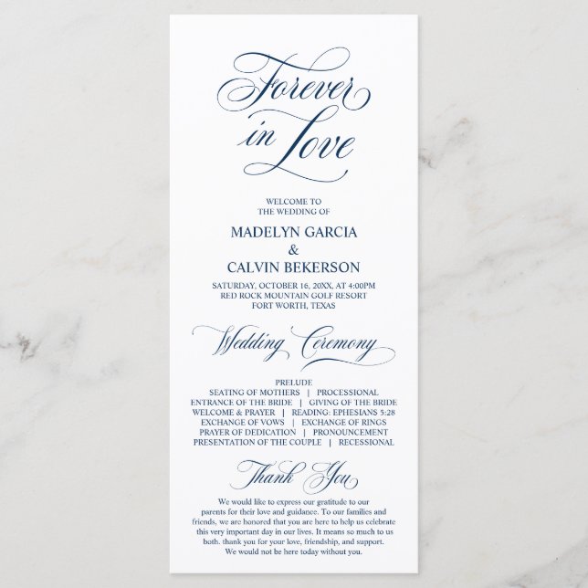 Classic Elegance Navy Blue Script Wedding Ceremony Program (Front)