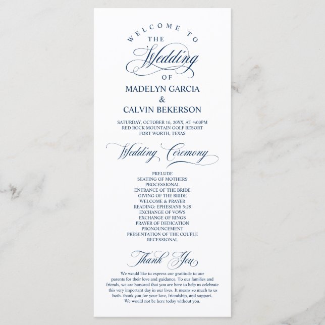 Classic Elegance Navy Blue Script Wedding Ceremony Program (Front)
