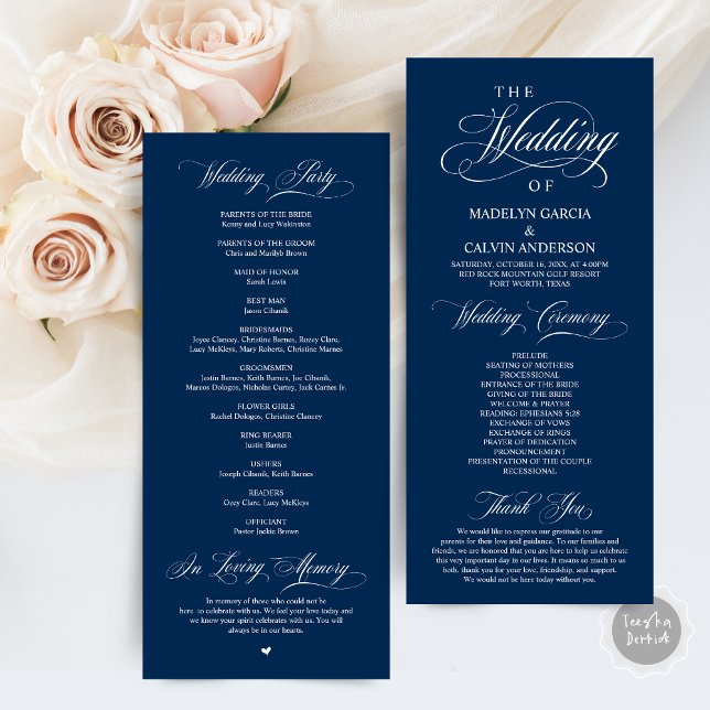 Classic Elegance Navy Blue Script Wedding Ceremony Program (Wedding Ceremony Program Card, in Classic Elegance Classy Navy Blue themed )