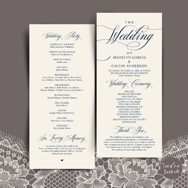 Classic Elegance Navy Blue, Wedding Ceremony Order Program (Classic Elegance Wedding Ceremony Order Program Card in Navy Blue and Ivory)