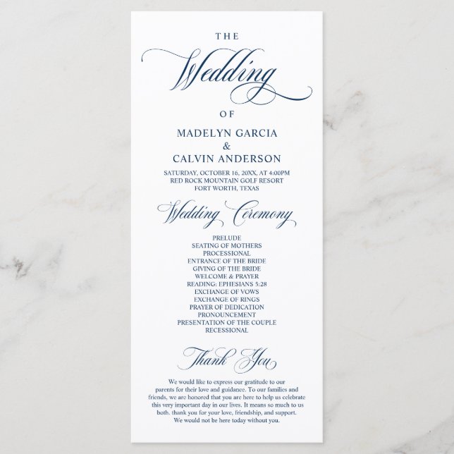 Classic Elegance Navy Blue, Wedding Ceremony Progr Program (Front)