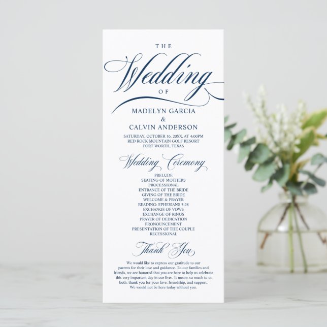 Classic Elegance Navy Blue, Wedding Ceremony Progr Program (Standing Front)