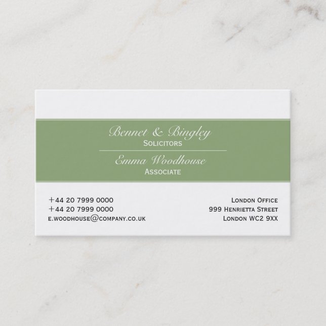 Classic Elegance Pale Green & White Business Card (Front)