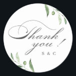 Classic Elegance Script Greenery Thank You Classic Round Sticker<br><div class="desc">This elegant thank you favour sticker features classic script and simple watercolor greenery design,  great for classic wedding,  vintage wedding,  spring wedding or summer wedding. 
See all the matching pieces in collection</div>