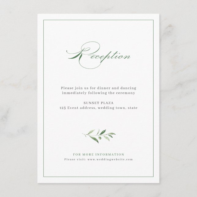 Classic Elegance Script Greenery Wedding Reception Enclosure Card (Front)