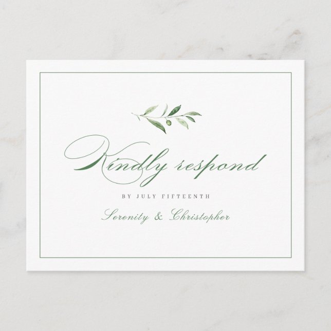 Classic Elegance Script Greenery wedding RSVP Invitation Postcard (Front)