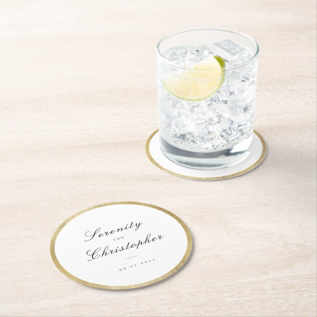 Classic Elegance Script Minimalist Wedding Round Paper Coaster (Insitu)