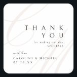 Classic Elegance Script monogram wedding favours Square Sticker<br><div class="desc">Modern classic minimalist thank you wedding favour stickers feature elegant calligraphy couple monogram and timeless serif font event details in colour editable beige,  black and white,  simple and sophisticated,  Great for formal vintage wedding,  romantic traditional wedding,  modern classic wedding in all seasons. 
See all the matching pieces in collection.</div>