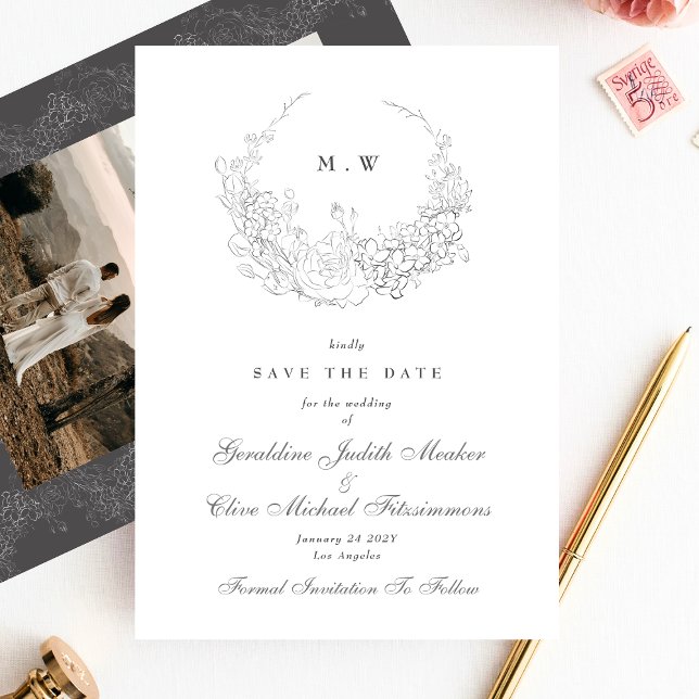 Classic Elegance | Subtle Wreath Monogram Photo Save The Date (Creator Uploaded)