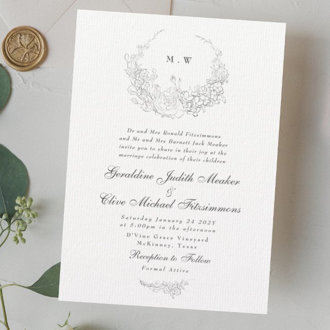 Classic Elegance | Subtle Wreath Monogram Wedding Invitation (sample showing - Paper finish:
Soft white finish with a subtle ribbed texture)