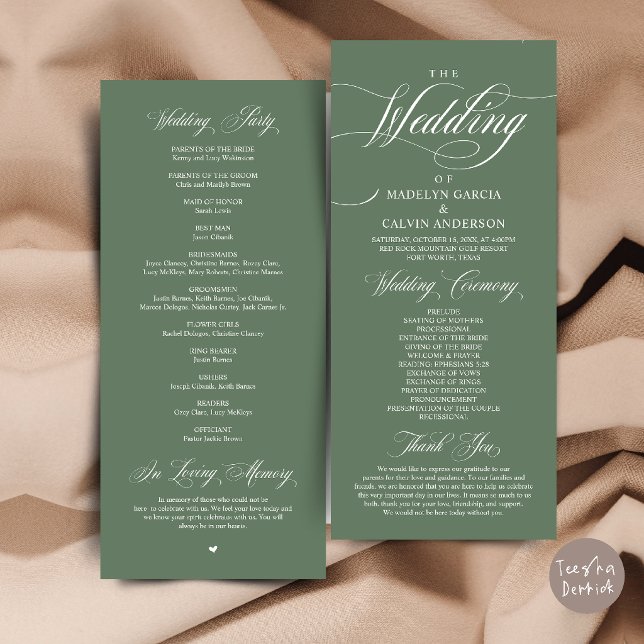 Classic Elegance Wedding Ceremony Order Thank you Program (Classic Elegance Wedding Ceremony Order Thank you Program Card in Sage Green)