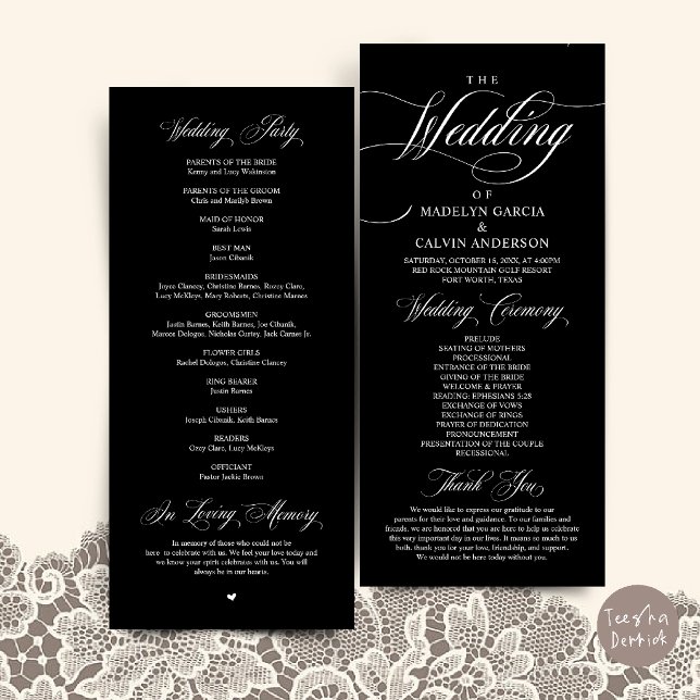 Classic Elegance Wedding Ceremony Order Thank you Program (Classic Elegance Wedding Ceremony Order Thank you Program Card in Black and White)