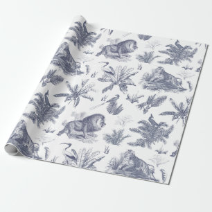 Classic Elegant Animals in Wilderness Blue Toile  Wrapping Paper