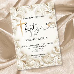 Classic Elegant Baptism Gold Cross Christening Invitation