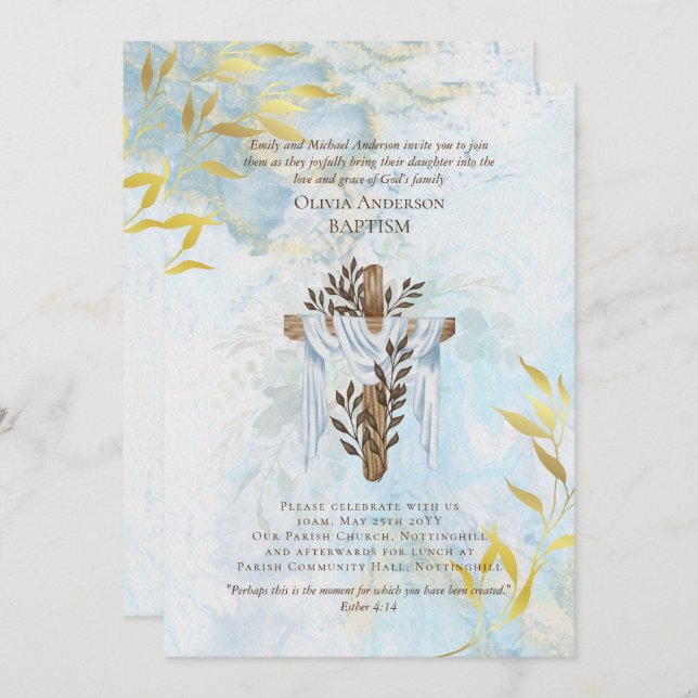 Classic Elegant BAPTISM Invite Aqua Blue Gold (Front/Back)