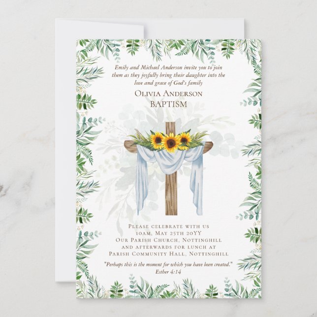 Classic Elegant BAPTISM Invite Greenery Sunflowers (Front)