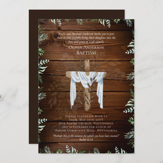 Classic Elegant BAPTISM Invite Rustic Wood (Front/Back)