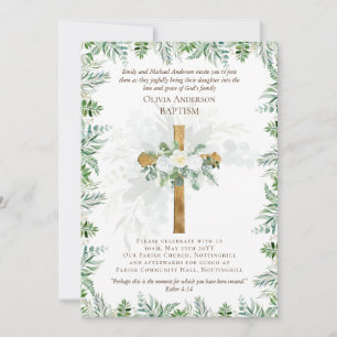 Classic Elegant BAPTISM Invite White Roses Gold 