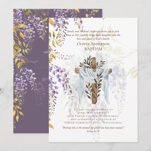 Classic Elegant BAPTISM Invite Wisteria Purple (Front/Back)