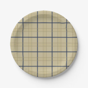 Classic Elegant Beige Blue Plaid  Paper Plate