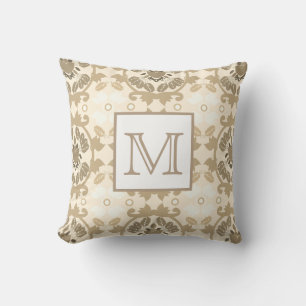 Classic Elegant Beige Floral Damask   Monogram Cushion