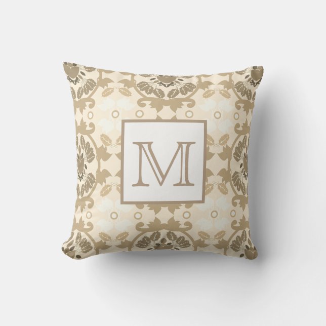 Classic Elegant Beige Floral Damask | Monogram Cushion (Front)