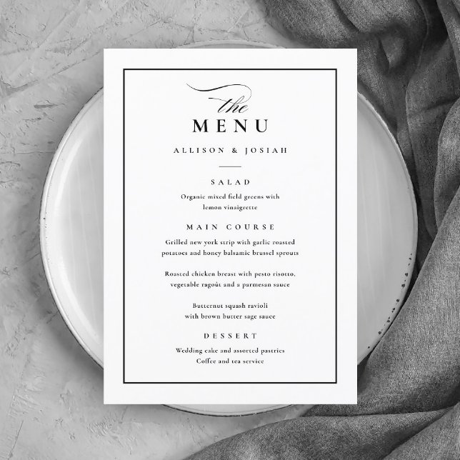 Classic Elegant Black and White Wedding Menu (Simple Black and White Wedding Menu.)