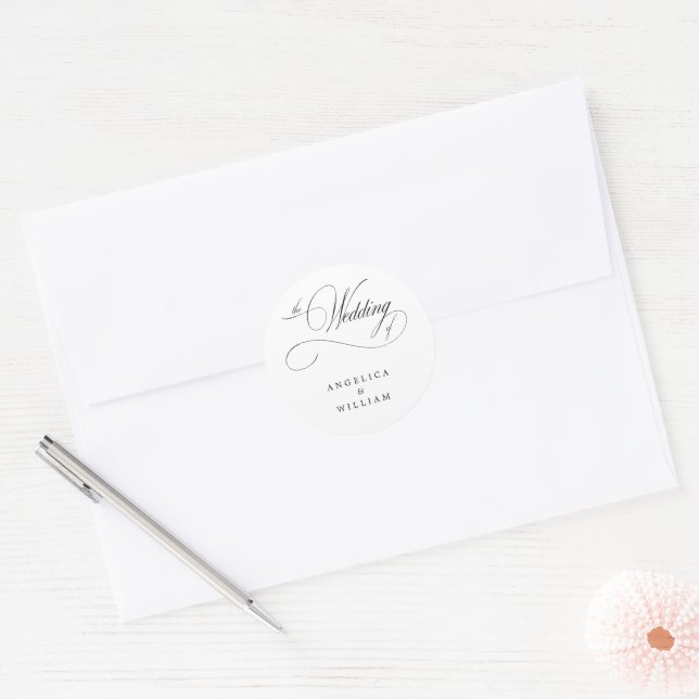 CLASSIC ELEGANT BLACK AND WHITE WEDDING SCRIPT ROUND STICKER (Envelope)