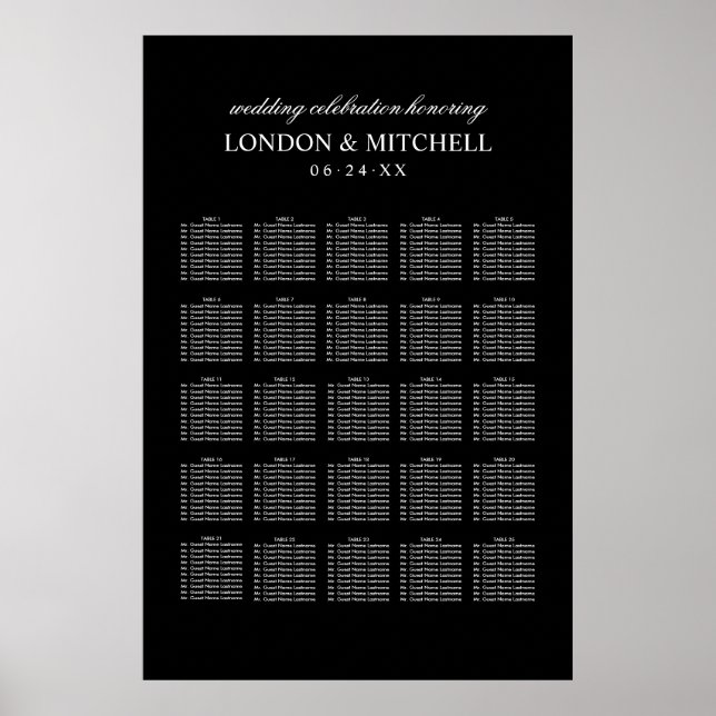 Classic Elegant Black and White Wedding Seating Poster (Front)