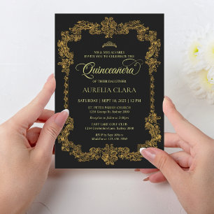 Classic Elegant Black Gold Tiara Quinceanera Invitation