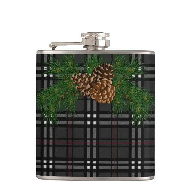 Classic elegant black grey plaid tartan pine cone hip flask (Front)