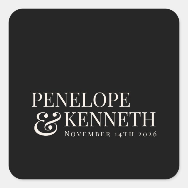 Classic Elegant Black Ivory Custom Wedding Names Square Sticker (Front)