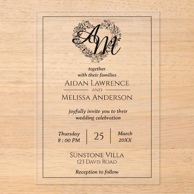 Classic Elegant Black Minimalist Wedding Acrylic Invitations (Front)