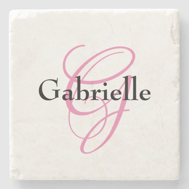 Classic Elegant Black Pink Monogram Name Stone Coaster (Front)