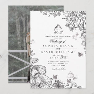 Classic Elegant Black White Floral Wedding Invitation
