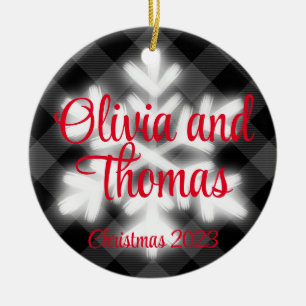 Classic elegant Black white plaid snow flake Ceramic Ornament