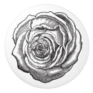 Classic Elegant Black White Rose Blossom Flower Ceramic Knob