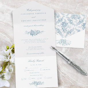 Classic Elegant Blue and White Floral Toile All In One Invitation