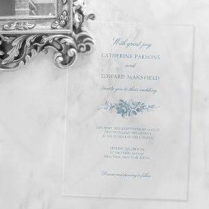 Classic Elegant Blue Engraved Floral Acrylic Invitations