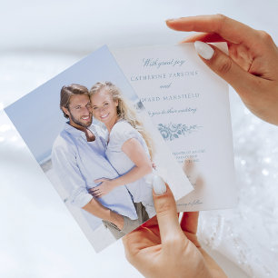 Classic Elegant Blue Engraved Floral Vellum Invitations