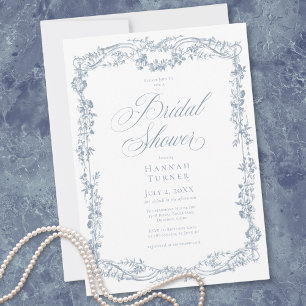 Classic Elegant Blue Floral Frame Bridal Shower Invitation