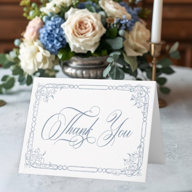 Classic Elegant Blue Floral Frame Photo Wedding Thank You Card (Classic Elegant Blue Floral Frame Photo Wedding Thank You Card)