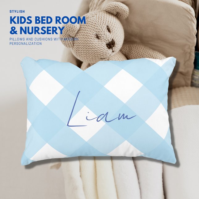 Classic Elegant Blue Gingham Boy Nursery Decorative Cushion (Creator Uploaded)
