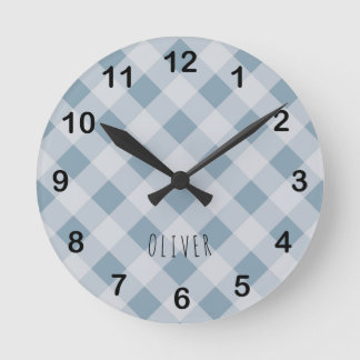 Classic Elegant Blue Gingham Plaid & Custom Name Round Clock