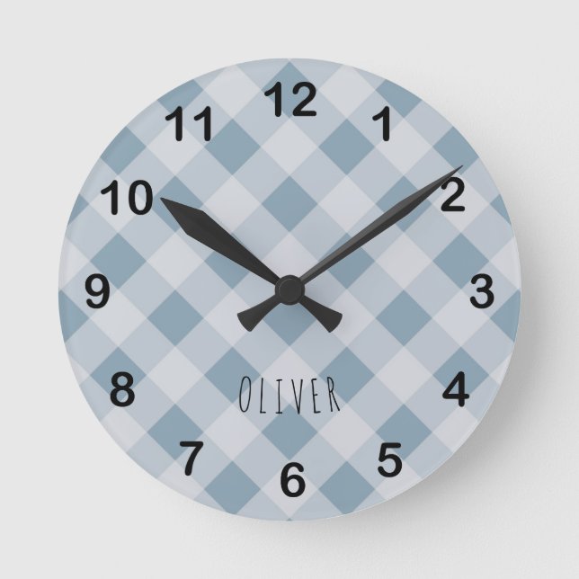 Classic Elegant Blue Gingham Plaid & Custom Name  Round Clock (Front)