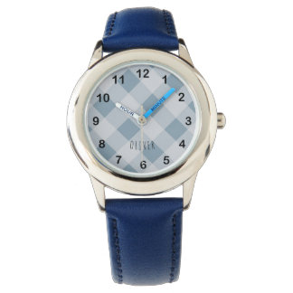 Classic Elegant Blue Gingham Plaid & Custom Name Watch