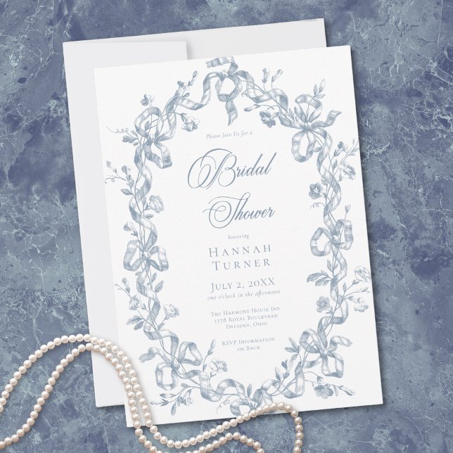 Classic Elegant Blue Oval Ribbon Bridal Shower Invitation (Classic Elegant Blue Oval Ribbon Bridal Shower Invitation)