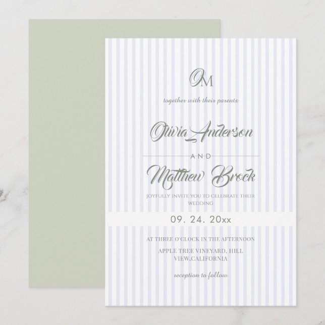 Classic Elegant Blue & Sage Stripe Wedding Invitation (Front/Back)