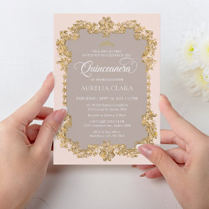 Classic Elegant Blush Pink Gold Tiara Quinceanera Invitation